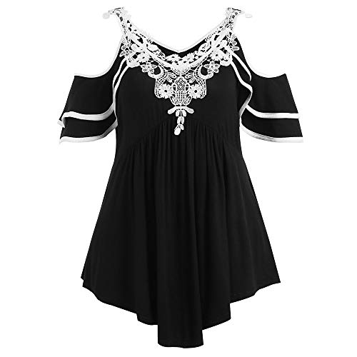 VEMOW Camisetas Moda para Mujer Talla Grande Manga Corta de Encaje Patchwork Correa de Hombro frío Top(YC Negro,5XL)