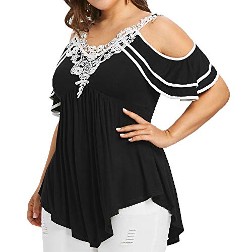 VEMOW Camisetas Moda para Mujer Talla Grande Manga Corta de Encaje Patchwork Correa de Hombro frío Top(YC Negro,5XL)