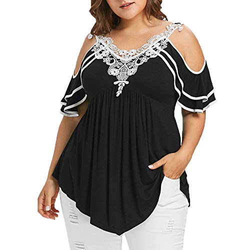 VEMOW Camisetas Moda para Mujer Talla Grande Manga Corta de Encaje Patchwork Correa de Hombro frío Top(YC Negro,5XL)