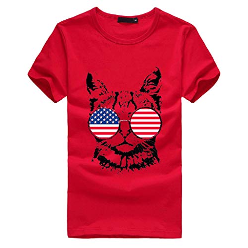 VEMOW Camisetas Mujeres Tallas Grandes Bandera Americana Gato Imprimir Camisa de Manga Corta Blusa(Rojo,L)