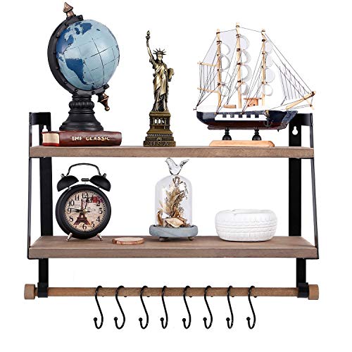 Vencipo Estantería de Pared de Madera para Organizador Especiero Cocina con 8 Ganchos Almacenaje, Estanteria Baño con Toalleros Accesorio, Estante Flotante para Decoracion Habitacion.