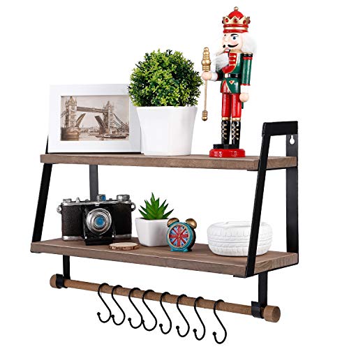 Vencipo Estantería de Pared de Madera para Organizador Especiero Cocina con 8 Ganchos Almacenaje, Estanteria Baño con Toalleros Accesorio, Estante Flotante para Decoracion Habitacion.