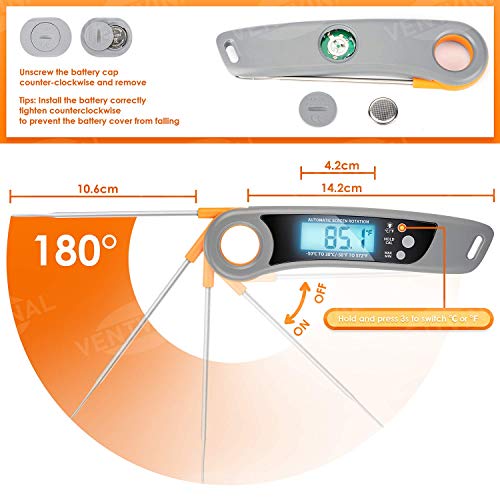Ventvinal Instant Read - Termómetro digital para carne plegable, magnético, pantalla LCD IPX6, resistente al agua, para asar, cocinar, barbacoa/barbacoa, hornear, alimentación para bebés