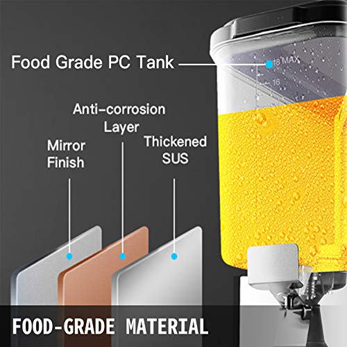 VEVOR Máquina de Dispensador de Bebida 18 L, Máquina de Bebidas Frío con Tanques 18 L * 1, Máquina de Dispensador de Jugo 200 W, Máquina de Bebidas Frías de Acero Inoxidable Temperatura 7-12℃