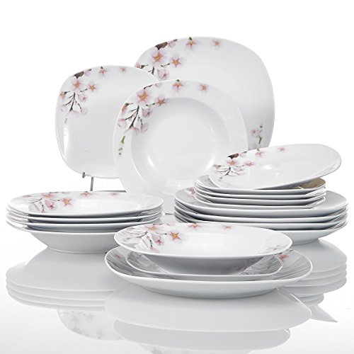 VEWEET Annie Juegos de Vajillas 18 Piezas de Porcelana con 6 Platos, 6 Platos Hondos y 6 Platos de Postre para 6 Personas