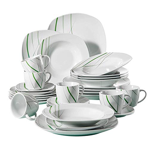 VEWEET Aviva 30 Piezas Vajillas de Porcelana Juegos con 6 Taza 175 ml, 6 Platillo, 6 Platos, 6 Platos de Postre y 6 Platos Hondos para 6 Personas