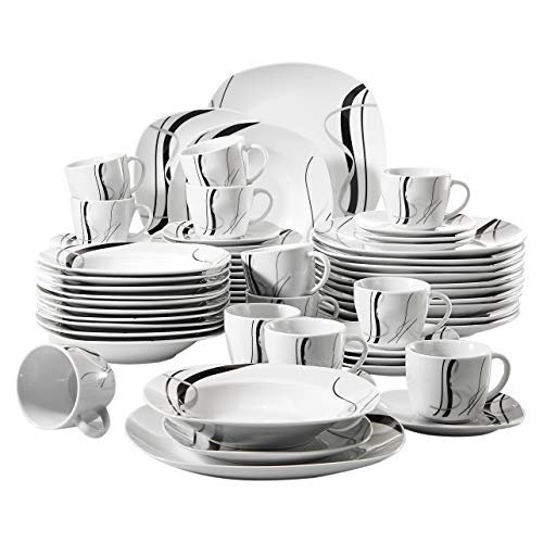 VEWEET Fiona Juegos de Vajillas 60 Piezas de Porcelana con 12 Taza 175 ml, 12 Platillos, 12 Platos, 12 Platos de Postre y 12 Platos Hondos para 12 Personas