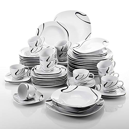 VEWEET Kayla Juegos de Vajillas 60 Piezas de Porcelana con 12 Taza 175 ml, 12 Platillos, 12 Platos, 12 Platos de Postre y 12 Platos Hondos para 12 Personas