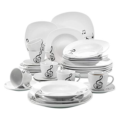 VEWEET Melody 30 Piezas Vajillas de Porcelana Juegos con 6 Taza 175 ml, 6 Platillo, 6 Platos, 6 Platos de Postre y 6 Platos Hondos para 6 Personas