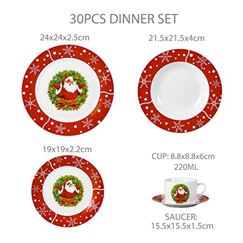 VEWEET, Serie SANTACLAUS, 30 Piezas Vajillas de Porcelana, Vajillas Navideñas para 6 Personas Decoracion Fiesta/Mesa, con Platos Llanos, Platos Postre, Platos Hondos, Tazas y Platillos