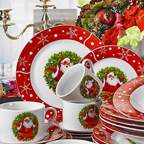 VEWEET, Serie SANTACLAUS, 30 Piezas Vajillas de Porcelana, Vajillas Navideñas para 6 Personas Decoracion Fiesta/Mesa, con Platos Llanos, Platos Postre, Platos Hondos, Tazas y Platillos