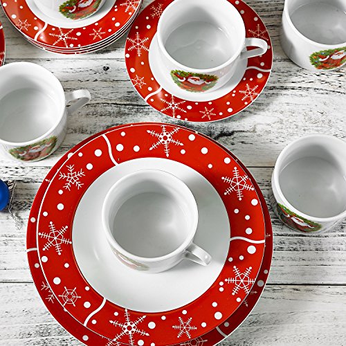 VEWEET, Serie SANTACLAUS, 30 Piezas Vajillas de Porcelana, Vajillas Navideñas para 6 Personas Decoracion Fiesta/Mesa, con Platos Llanos, Platos Postre, Platos Hondos, Tazas y Platillos