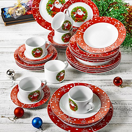 VEWEET, Serie SANTACLAUS, 30 Piezas Vajillas de Porcelana, Vajillas Navideñas para 6 Personas Decoracion Fiesta/Mesa, con Platos Llanos, Platos Postre, Platos Hondos, Tazas y Platillos