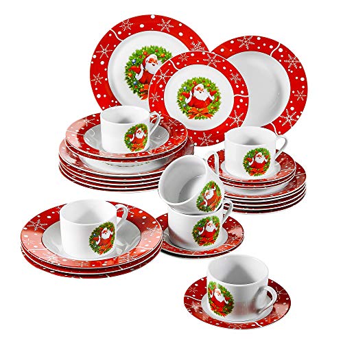 VEWEET, Serie SANTACLAUS, 30 Piezas Vajillas de Porcelana, Vajillas Navideñas para 6 Personas Decoracion Fiesta/Mesa, con Platos Llanos, Platos Postre, Platos Hondos, Tazas y Platillos