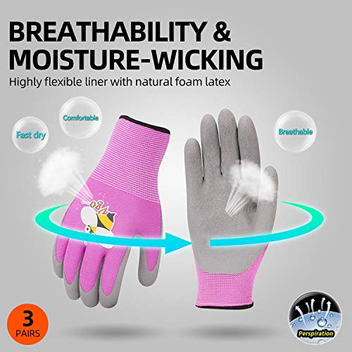 Vgo 3-Pares de Guantes de Jardinería con Revestimiento de Látex de Espuma Natural para Niños para Trabajo Ligeros, Actividad al Aire Libre (XXS - Edad 5-7, Verde, Azul y Rosa, KID-RB6013)