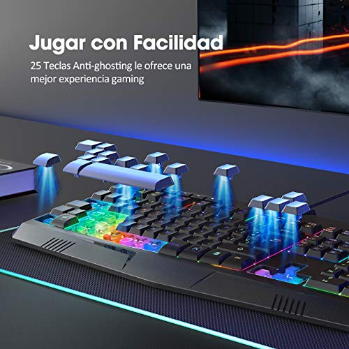 VicTsing Teclado Gaming RGB Alambrico Teclado USB, Teclado Español con 8 Teclas Multimedia Independientes, 25 Teclas Anti-ghosting, Salpicaduras para Juegos de PC / Mac, Negro