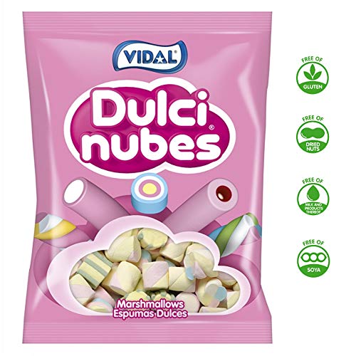 Vidal Golosinas Dulcinubes. Nubes de inconfundible y delicosos sabor vainilla. Colores variados y entremezclados: rosa, blanco, azul , verde y amarillo. Bolsa 125 unidades.