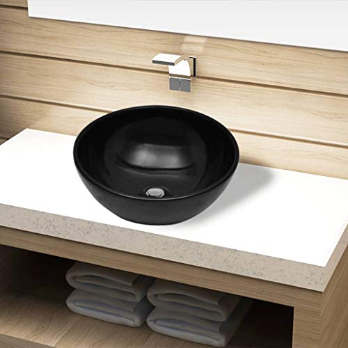 vidaXL Lavabo de Baño Moderno Redondo Cerámica Negro Brillo Lavamanos de Aseo