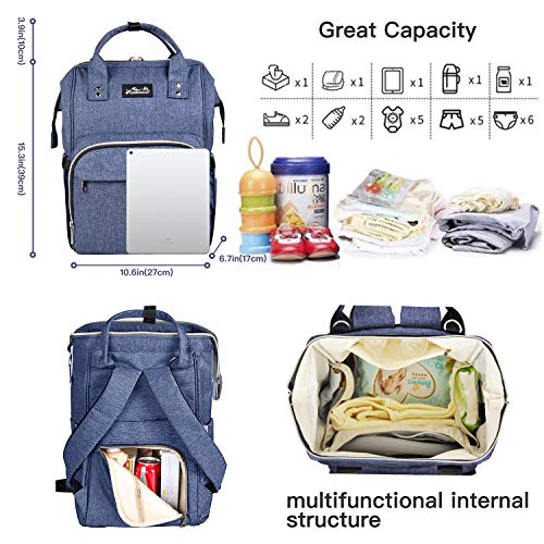 Viedouce Mochilas para Pañales Biberones, Bolso del Bebé Mamá,Impermeable con Estilo Oxford Bolso Pañal de Gran Capacidad, con Portátil Cambiador y 2 Piezas Ganchos Carrito Bebé (Color-Azul)