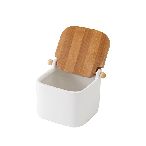 Vily's House Salero Cocina Cerámica Tapa Bambú Blanco, 12x12x11 cm