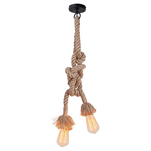 Vintage Lámpara colgante industrial Cuerda de cáñamo gruesa 220V-230V,Iluminación de techo/Iluminación colgante,para comedor, sala, restaurante,bar,cafetería(E27 Luces cabeza dobles, 1M=50CM+50CM)