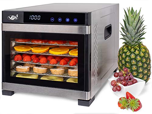 VITA5 Deshidratador Alimentos Acero Inoxidable • Temporizador 24 Horas • Temperatura: 35 a 75ºC + Extra: 1x Malla Fina y 1x Bandeja Antigoteo Nobel Pro (6 Bandejas)