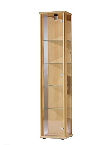 Vitrina Mueble de pared 176x37x33 cm en color haya con iluminación con 4 estantes de vidrio
