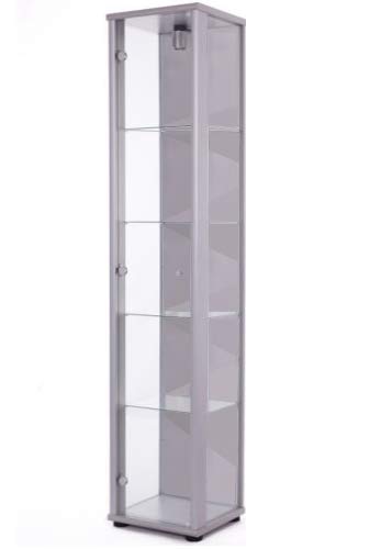 Vitrina Mueble de pared 176x37x33 cm en color plateado con iluminación con 4 estantes de vidrio