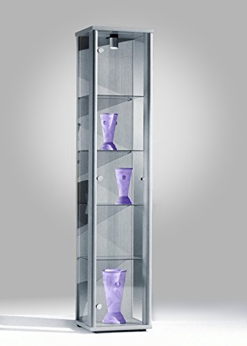 Vitrina Mueble de pared 176x37x33 cm en color plateado con iluminación con 4 estantes de vidrio