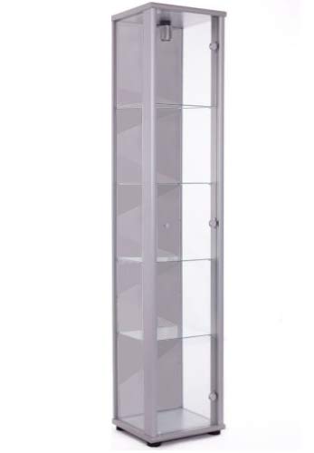 Vitrina Mueble de pared 176x37x33 cm en color plateado con iluminación con 4 estantes de vidrio