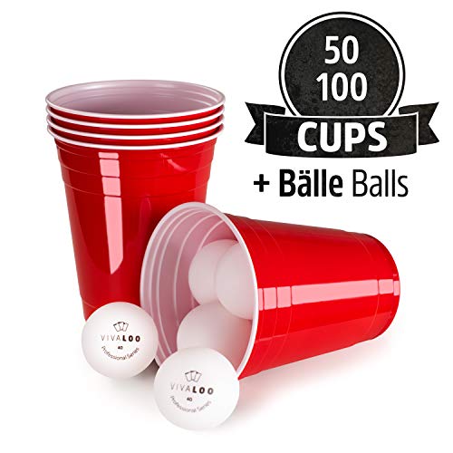 Vivaloo 50 Unidades + 6 Pelotas | Vasos De Plástico | Vasos Rojos Y Duros, Ideal para Beer Pong De Película Americana | para Fiestas, Juegos De Beber, Celebraciones | Resistentes Y Desechables