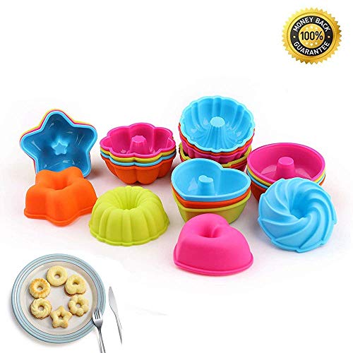 Voarge - 24 moldes de silicona para hornear, moldes de postre, calabazas, estrellas, flores, corazones, formas de Savarin