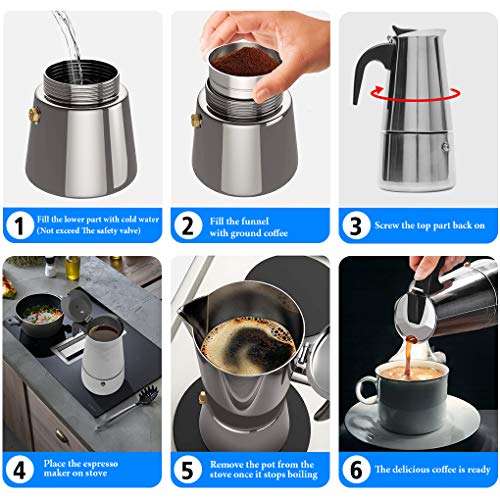 Vokmon Cafetera Italiana 300ml Cafetera induccion Espresso en Acero Inoxidable Moka Clásica 6 Taza Conveniente para la,Cafetera Moka Clásica,Plata, Uso Doméstico y en la Oficina.
