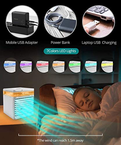 VOLUEX Mini Enfriador de Aire, Mini Acondicionador de Aire Móvil, 4 en 1 Purificador Humidificador Aromaterapia Luz Nocturna, 7 Colores Luces 3 Velocidades, Trabajo y Hogar