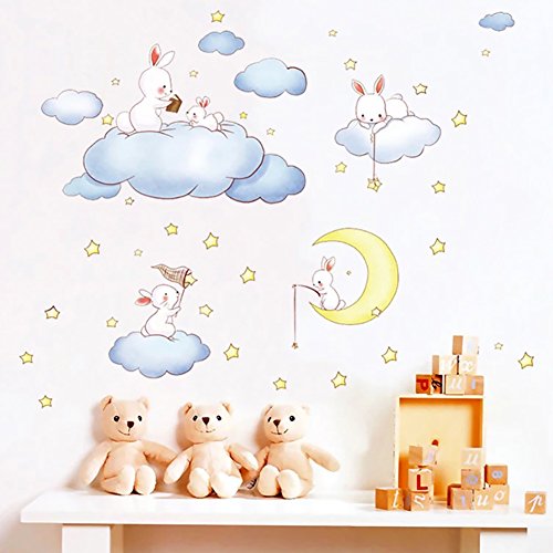 WandSticker4U– de pared adhesivo infantil sweet Dreams | 200x52 cm | Conejo Liebre Wolke Luna Estrellas | Adhesivo decorativo para habitación de los Niños Baby