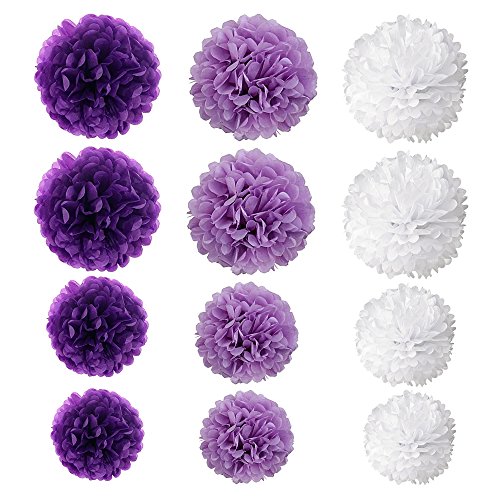 Wartoon Papel Pom Poms Flores Tissue para Decoración de Boda, Fiesta Cumpleaños, Bienvenida al Bebé, 12 Piezas ( Púrpura, Púrpura Clara y Blanco )