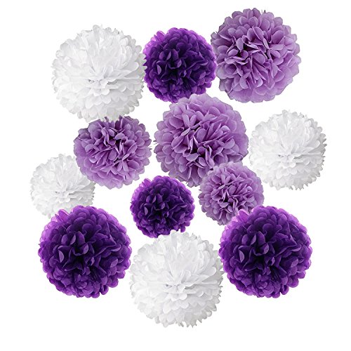 Wartoon Papel Pom Poms Flores Tissue para Decoración de Boda, Fiesta Cumpleaños, Bienvenida al Bebé, 12 Piezas ( Púrpura, Púrpura Clara y Blanco )