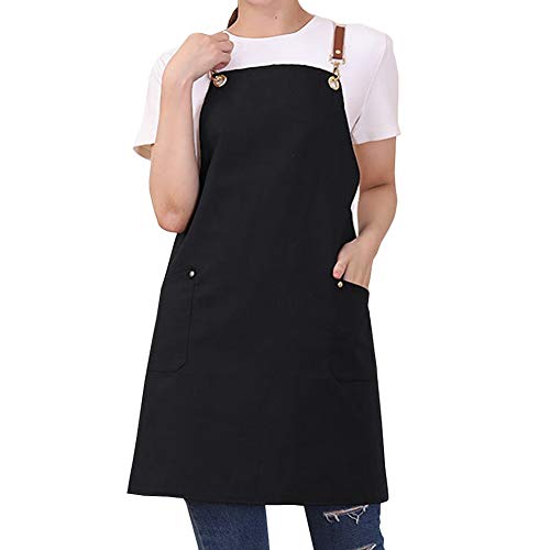 Watwass Lienzo de Algodón Delantales de Cocina Unisexo con 2 Bolsillos Babero Delantal Negro Camarero Panadería Pastelería