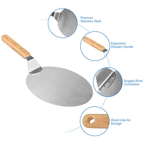 Weeygo - Pala de Acero Inoxidable con Mango de Madera para Hornear Pizza y Tartas en Horno y Parrilla, Cortador, 3 Piezas, Color Plateado