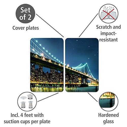 Wenko Placas Cobertoras de Vidrio Universales Brooklyn Bridge, Juego de 2 Piezas para Todos los Tipos de Cocinas, Vidrio Endurecido, 30 x 52 cm, Color Multicolor