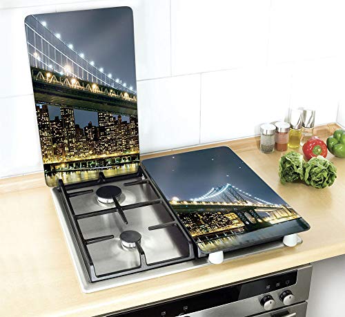 Wenko Placas Cobertoras de Vidrio Universales Brooklyn Bridge, Juego de 2 Piezas para Todos los Tipos de Cocinas, Vidrio Endurecido, 30 x 52 cm, Color Multicolor