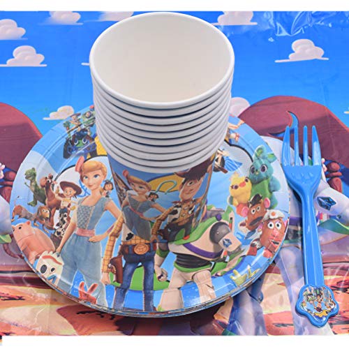 WENTS Vajilla Diseño de Toy Story Desechable Accesorio de Decoración de Fiesta de Cumpleaños Apoyo para Celebración Pancarta Platos Vasos Servilletas y Mantel Resistente, 52pcs