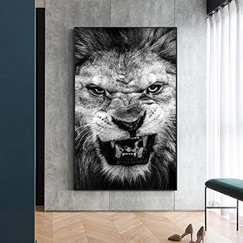Wfmhra Blanco y Negro Feroz león Lienzo Arte Pintura Carteles e Impresiones Cuadros decoración del hogar Cuadros de Arte de Pared para la Sala de Estar 50x75cm sin Marco