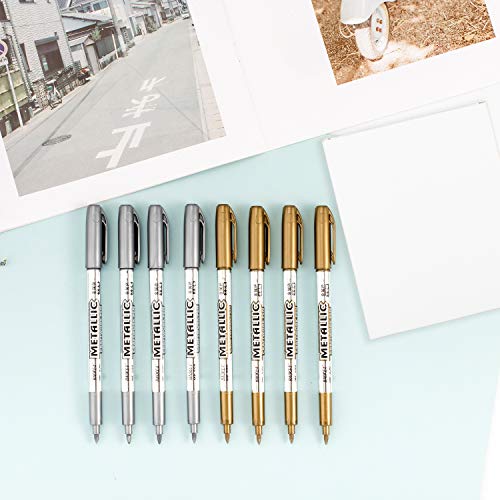 Whaline 8 Rotuladores Metálicos, Marcadores Metálicos Permanentes Plumas para Pintura, Tarjetas, Escritura, Firma, Superficie de Cristal con Letras, 1.5 mm Punta Fina (4 Dorado + 4 Plateado)