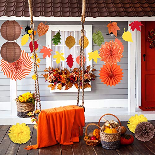 Whaline Decoraciones para Fiestas de Otoño, Abanicos de Papel Colgantes Naranjas Pompones de Papel Linternas de Papel Hojas de Arce Guirnaldas de Empavesado para la Celebración de Otoño (16 Piezas)