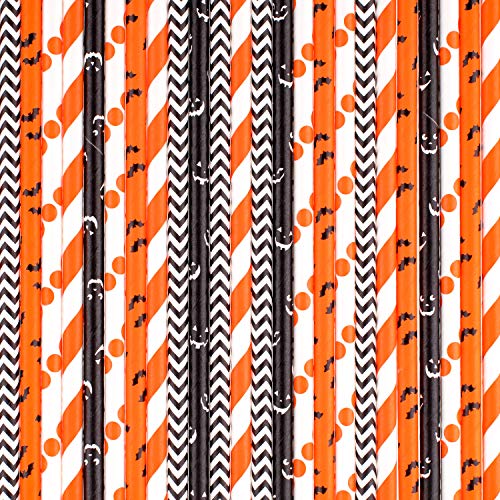 Whaline Halloween Pajitas de Papel, 100 Pcs Halloween Pajitas de Beber de Color Naranja Negro Blanco para Suministros de Fiesta de Halloween, Carnaval, Fiesta Temática de Miedo, Barras