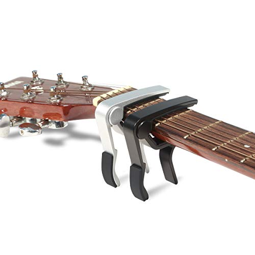 WiNGO Cejilla de Guitarra para Electrica Acustica Folk Ukelele Bajo Guitar Aleación de Aluminio Guitar Capo - 2 Unidades，Negro y Plata Color.