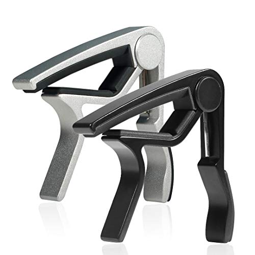 WiNGO Cejilla de Guitarra para Electrica Acustica Folk Ukelele Bajo Guitar Aleación de Aluminio Guitar Capo - 2 Unidades，Negro y Plata Color.