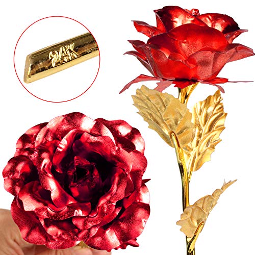 Wisolt 24K Gold Rose, Nuevo Upgraded Long Stem Gold Foil Rose con Soporte en Forma de corazón, Unique Gifts for Her, Niñas, Esposa, Mamá(Rojo)