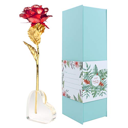 Wisolt 24K Gold Rose, Nuevo Upgraded Long Stem Gold Foil Rose con Soporte en Forma de corazón, Unique Gifts for Her, Niñas, Esposa, Mamá(Rojo)
